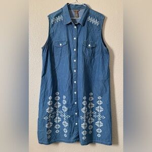 But & Bridle W Sz.1X Blue Denim Western Aztec Button Front Sleeveless Dress Boho